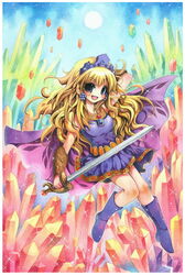  amethyst:_princess_of_gemworld artist_request blonde_hair blue_eyes crystal crystals female gem_stones looking_at_viewer moon solo sparkle sword weapon 