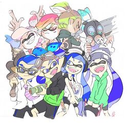  2girls 6+boys :d ;d ^_^ aloha-kun_(splatoon) aqua_eyes aqua_hair army-kun_(splatoon) beret bike_shorts blue_eyes blue_hair blunt_bangs bobble-chan_(splatoon) bobblehat carbon_roller_(splatoon) cellphone closed_eyes commentary_request crossed_arms dark-skinned_male dark_skin facepaint fangs gas_mask glasses-kun_(splatoon) goggle-kun_(splatoon) goggles goggles_on_head green_eyes green_hair hat headphone-chan_(splatoon) headphones hood hoodie inkling inkling_boy inkling_girl inkling_player_character inoue_seita jacket leather leather_jacket mask mask-kun_(splatoon) multiple_boys multiple_girls necktie octobrush_(splatoon) official_art one_eye_closed open_mouth orange_hair phone pink_hair pointy_ears rider-kun_(splatoon) short_hair sidelocks slosher_(splatoon) smartphone smile splatoon_(manga) splatoon_(series) splatoon_1 splattershot_(splatoon) squiffer_(splatoon) tentacle_hair topknot visor_cap 