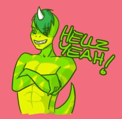  anthro belly ddsn gecko green_body green_hair hair horn lizard male markings reptile scalie solo xanthias yellow_belly yellow_markings 