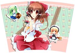  3girls :d ahoge ascot blonde_hair bow broom brown_eyes brown_hair candy checkerboard_cookie chibi commentary_request cookie detached_sleeves food frog_hair_ornament glass green_eyes green_hair hair_ornament hair_ribbon hair_tubes hairbow hakurei_reimu hat holding kirisame_marisa kochiya_sanae long_hair looking_at_viewer multiple_girls one_eye_closed open_mouth photoshop_(medium) recursion ribbon smile touhou witch_hat yellow_eyes yumemiya_subaru 