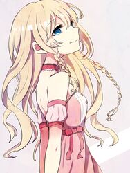  arms_behind_back bare_shoulders blonde_hair blue_eyes bow braid choker commentary_request dress female long_hair looking_at_viewer original pink_dress ribbon ringomaru shoulder_blades smile solo 