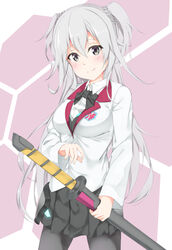  black_legwear bow commentary_request cowboy_shot female gakusen_toshi_asterisk grey_eyes grey_hair hiraba_6018 long_hair looking_at_viewer pleated_skirt school_uniform sheath sheathed skirt smile solo sword toudou_kirin weapon 