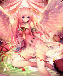  absurdres bare_shoulders blue_eyes boots bracelet cherry_blossoms choker detached_sleeves dress female hair_ornament heart high_heel_boots high_heels highres jewelry kirsch long_hair petals photoshop_(medium) pink_dress pink_hair ribbon scan shingeki_no_bahamut sitting smile solo strapless strapless_dress tachikawa_mushimaro thigh_boots thighhighs two_side_up wings yokozuwari 