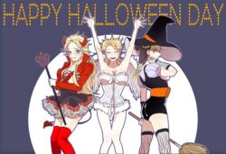  3girls 60_(klioo1) angel battle_tendency black_hair blonde_hair commentary_request demon_girl erina_pendleton halloween jojo_no_kimyou_na_bouken kujo_jolyne lingerie multiple_girls phantom_blood stone_ocean suzi_q underwear witch 