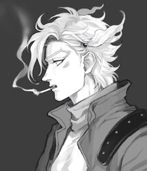  1boy bad_id bad_pixiv_id battle_tendency caesar_anthonio_zeppeli cigarette facial_mark feather_hair_ornament feathers from_side greyscale hair_ornament high_collar highres jacket jojo_no_kimyou_na_bouken looking_ahead looking_away macaroni_(piyo4508) male_focus monochrome no_headband portrait profile scarf short_hair smoking solo 