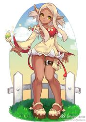  bare_shoulders breasts brush commentary_request dark-skinned_female dark_skin detached_sleeves dress eniripsa female grey_hair kinippuu mary_janes paintbrush pigeon-toed pointy_ears pouch shoes short_dress sidelocks solo strapless strapless_dress thigh_pouch wakfu yellow_eyes 