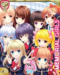  6+girls :o ;o blue_eyes blue_hair blue_sky blunt_bangs bow bowtie braid brown_eyes brown_hair building chloe_lemaire clenched_hands collared_shirt day double_v english_text frown girlfriend_(kari) hair_ornament hair_ribbon hairclip hand_on_forehead hand_to_own_mouth kagurazaka_saya long_sleeves looking_at_viewer looking_away multiple_girls murakami_fumio official_art one_eye_closed orange_hair outstretched_arm own_hands_together ponytail purple_eyes purple_hair qp:flapper red_bow red_eyes ribbon sakurai_akane_(girlfriend) sasahara_nonoka scared school school_uniform shiina_kokomi shiranui_isuzu shirt single_braid sky tokitani_koruri twintails v wavy_mouth wince yuuki_nae 