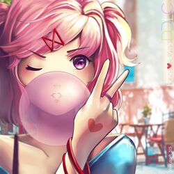  blowing_bubbles blue_shirt blurry blurry_background bracelet chewing_gum collarbone commentary doki_doki_literature_club english_commentary female hair_ornament hairclip hannah_santos heart highres jewelry looking_at_viewer natsuki_(doki_doki_literature_club) one_eye_closed pink_eyes pink_hair protected_link ring shirt short_hair solo star-shaped_pupils star_(symbol) swept_bangs symbol-shaped_pupils teeth two_side_up v 