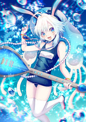  :d animal_ears bad_id bad_pixiv_id blue_hair corriente_(show_by_rock!!) female hat instrument jewelry long_hair looking_at_viewer necklace one-piece_swimsuit open_mouth pearl_necklace rabbit_ears sazanami_shione school_swimsuit show_by_rock!! smile solo swimsuit tentacle thighhighs water_drop white_eyes white_thighhighs 