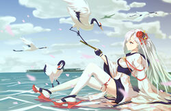  absurdres ancle_(aruncle) azur_lane bird blue_eyes breasts closed_mouth commentary_request crane_(animal) day female from_side gloves hair_ornament highres japanese_clothes kimono long_hair long_sleeves medium_breasts mole mole_under_eye ocean partially_fingerless_gloves profile ribbon-trimmed_legwear ribbon_trim shoukaku_(azur_lane) sitting solo thighhighs white_hair white_thighhighs wide_sleeves 