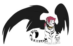  black_wings collar facial_piercing feathered_wings feathers felid feral hair hi_res leucistic lip_piercing male mammal manly myshanti neon_pink pantherine piercing pink_hair ponytail sitting snakebite_piercing solo spiked_collar spikes stripes tianshi tiger wings 