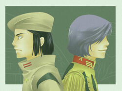  2boys beret black_hair blue_hair brown_eyes crossover garma_zabi gundam hat military military_uniform mobile_suit_gundam multiple_boys overseer_biel seiyuu_connection sentou_mecha_xabungle uniform 