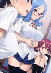  3girls atago_hiroe atago_kinue black_hair blue_eyes blue_hair blush breasts check_commentary commentary commentary_request dress_shirt glasses highres himematsu_school_uniform large_breasts legs_up multiple_girls open_mouth pink_eyes pink_hair red-framed_eyewear saki_(manga) school_uniform shirt short_twintails siblings sisters sitting skirt suzume_inui sweatdrop thighhighs twintails ueshige_suzu white_shirt zettai_ryouiki 