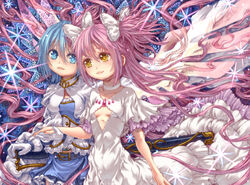  2girls belt blue_eyes blue_hair bow cape commentary_request dress eye_contact gloves hairbow holding_hands kaname_madoka katzeh long_hair looking_at_another magical_girl mahou_shoujo_madoka_magica mahou_shoujo_madoka_magica_(anime) miki_sayaka miki_sayaka_(magical_girl) multiple_girls pink_hair scabbard sheath soul_gem spoilers sword two_side_up ultimate_madoka weapon wings yellow_eyes 