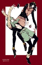  2015 2boys black_hair cellphone commentary_request dainenjiyama_aisho food fruit jojo_no_kimyou_na_bouken jojolion male_focus multiple_boys pantyhose pantyhose_under_shorts phone rena_(renasight) rokakaka shorts smartphone spikes yagiyama_yotsuyu 