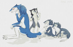  anthro bite female group looking_at_viewer male mammal markus_(dowantanaccount) nom nude sergal sidgi simple_background tail tail_fetish tail_in_mouth tail_play white_background young young_anthro 