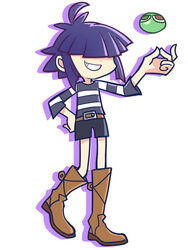  a-ka boots commentary_request female gorillaz hair_over_eyes heterochromia murdoc_niccals noodle_(gorillaz) parody purple_hair puyo_(puyopuyo) puyopuyo puyopuyo_fever short_hair shorts silhouette smile solo style_parody 