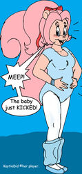  anthro belly big_belly blush breasts clothing english_text female hair hi_res kaytiedid leg_warmers legwear leotard mammal monotone_clothing monotone_leotard pink_hair pink_nose ponytail pregnant pregnant_female rodent sciurid solo tail text tights tree_squirrel underage_pregnancy whitesqrlgrl young young_anthro 