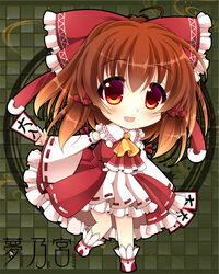  :d adapted_costume ahoge ascot bow brown_eyes brown_hair checkered_background chibi commentary_request detached_sleeves dress female frilled_dress frills full_body green_background hair_ornament hair_ribbon hair_tubes hairbow hakurei_reimu holding looking_at_viewer ofuda open_mouth photoshop_(medium) red_bow red_dress ribbon smile socks solo standing standing_on_one_leg touhou white_socks yumemiya_subaru 