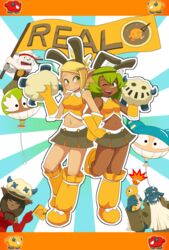  2boys 3girls ;) alternate_costume amalia_sheran_sharm animal_ears bandaid bandaid_on_face bandaid_on_nose bird blue_skin breasts brown_eyes cat_ears character_request cheerleader colored_skin commentary_request cra_(wakfu) dark_skin duck ecaflip elbow_gloves evangelyne_(wakfu) fake_animal_ears fen_(gunpura) gloves green_hair hair_ornament hairclip kabrok locked_arms long_hair midriff miniskirt miranda_(wakfu) multiple_boys multiple_girls navel one_eye_closed osamodas pointy_ears rabbit_ears sadida short_hair skirt small_breasts smile twintails wakfu yellow_gloves 