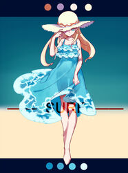  aqua_eyes bare_arms bare_legs barefoot blonde_hair blue_background blue_dress blue_eyes closed_mouth color_guide commentary dress female flat_chest frilled_dress frills full_body gradient_background hand_on_headwear hat hat_over_one_eye letterboxed long_hair looking_at_viewer original outside_border see-through_silhouette shi_jun_ti sleeveless sleeveless_dress solo standing sun_hat sundress thigh_gap wave_print waves 