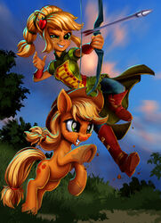  2016 5_fingers alternate_species applejack_(eg) applejack_(mlp) archer arrow_(weapon) big_eyes blonde_hair boots bow_(weapon) braided_hair breasts clothed clothing cloud cowboy_hat cutie_mark day dual_persona duo equestria_girls equid equine eyebrows eyelashes female fingers footwear freckles friendship_is_magic fur green_eyes hair harwick hasbro hat headgear headwear hi_res holding_object holding_weapon hooves horse human humanized mammal motion_blur my_little_pony orange_body orange_fur orange_skin outside plant pony ranged_weapon sky smile teeth tree weapon 