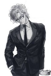  1boy alternate_costume bad_id bad_pixiv_id belt bespectacled breast_pocket caesar_anthonio_zeppeli closed_mouth collared_shirt contemporary cowboy_shot facial_mark formal glasses greyscale hand_in_pocket highres jojo_no_kimyou_na_bouken lapels long_sleeves looking_away macaroni_(piyo4508) male_focus monochrome necktie pants pocket rectangular_eyewear shirt short_hair sideways_glance simple_background solo standing suit white_background 