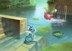  :3 afloat atelier_pocket bad_id bad_pixiv_id blue_eyes commentary_request day floating hieroglyphics hoppip lily_pad looking_up lotad mew_(pokemon) no_humans open_mouth partially_submerged photoshop_(medium) plant pokemon pokemon_(creature) ripples sitting smile stairs tail vaporeon water 