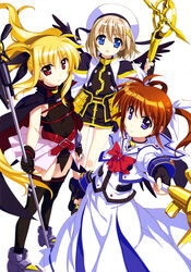  3girls absurdres armor bardiche_(assault_form)_(nanoha) bardiche_(nanoha) belt blonde_hair blue_eyes brown_hair cape closed_mouth crosier fate_testarossa fate_testarossa_(lightning_form) faulds fingerless_gloves fujima_takuya gloves hair_ornament hair_ribbon hairclip hat highres jacket juliet_sleeves long_hair long_skirt long_sleeves looking_at_viewer lyrical_nanoha magical_girl mahou_shoujo_lyrical_nanoha mahou_shoujo_lyrical_nanoha_a&#039;s multiple_girls official_art open_mouth outstretched_arm pelvic_curtain puffy_sleeves purple_eyes raising_heart raising_heart_(accel_mode) red_eyes ribbon scan schwertkreuz showgirl_skirt skirt staff standing takamachi_nanoha takamachi_nanoha_(sacred_mode) thighhighs twintails unison_(nanoha) very_long_hair waist_cape x_hair_ornament yagami_hayate 