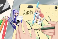  2girls arnval_mk2 arnval_mk2_tempesta bad_id bad_pixiv_id blonde_hair blue_eyes busou_shinki doll_joints drawing elbow_gloves gloves gradient_hair hands highres ikuya_koimori joints long_hair mini_person minigirl multicolored_hair multiple_girls pencil purple_hair red_eyes 