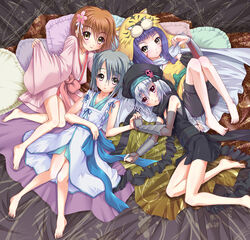  4girls animal_hood barefoot bed blue_hair brown_eyes brown_hair commentary_request elbow_gloves facial_mark feet fingerless_gloves fishnets flower gloves grey_hair hachisuka_goemon hair_flower hair_ornament hat holding_hands hood interlocked_fingers japanese_clothes kimono long_hair lying maeda_inuchiyo multiple_girls nene_(oda_nobuna_no_yabou) ninja oda_nobuna_no_yabou on_back on_side onmyouji photoshop_(medium) pillow red_eyes scarf sentaro short_hair short_kimono shorts skull sleeveless sleeveless_kimono smile takenaka_hanbee_(oda_nobuna_no_yabou) tiger_hood twintails white_hair yukata 