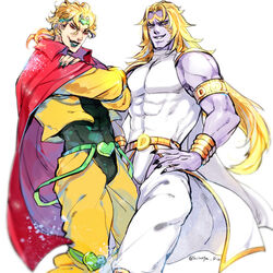  2boys blonde_hair cape colored_skin commentary_request dio_brando dual_persona facial_mark hatoyama_itsuru heaven_ascended_dio jacket jojo_no_kimyou_na_bouken jojo_no_kimyou_na_bouken:_eyes_of_heaven long_hair male_focus multiple_boys purple_skin stardust_crusaders yellow_jacket 