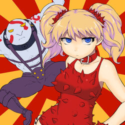  1boy bald bare_shoulders black_nails blonde_hair breasts collar commentary_request couple earrings effie_(street_fighter) female frown hands_on_own_hips height_difference jewelry medium_breasts muscular nail_polish necro_(street_fighter) no_pupils painttool_sai_(medium) red_skirt scrunchie skirt solid_eyes spikes straight street_fighter street_fighter_iii_(series) tattoo tsukudani_(coke-buta) twintails yellow_eyes 