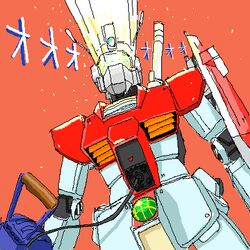  armor assault_visor bad_id bad_pixiv_id cable company_connection creator_connection densetsu_kyojin_ideon doterai_yatsuo gm_(mobile_suit) gundam ideon ideon_gauge laser look-alike lowres machinery mecha mobile_suit_gundam no_humans oekaki red_background robot science_fiction shield simple_background standing yellow_visor 