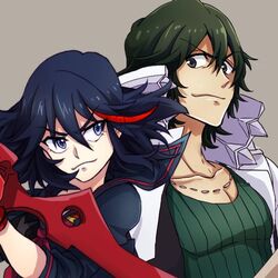  1boy black_hair commentary_request female green_eyes green_hair grey_eyes jewelry kill_la_kill looking_at_another matoi_ryuuko necklace sanageyama_uzu scissor_blade_(kill_la_kill) senketsu short_hair smile weapon yunkru 