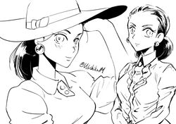  battle_tendency commentary_request dress earrings female greyscale hair_bun hat jewelry jojo_no_kimyou_na_bouken lisa_lisa long_hair maddy monochrome multiple_views single_hair_bun smile sun_hat twitter_username 