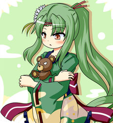  commentary_request female flower_knight_girl green_hair holding japanese_clothes kimono long_hair long_sleeves parted_lips ponytail ribbon-trimmed_sleeves ribbon_trim sankaku_saboten_(flower_knight_girl) sidelocks simple_background solo stuffed_animal stuffed_toy teddy_bear triangle_mouth upper_body urushi 