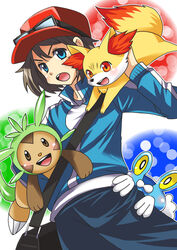  1boy bag black_eyes blue_eyes calme_(pokemon) chespin english fennekin froakie goggles hat male_protagonist_(pokemon_xy) pokemon pokemon_(game) pokemon_xy red_eyes short_hair simple_background smile yyukke 