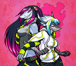  2girls back-to-back blue_eyes ear_piercing earrings eyeshadow furry furry_female glasses green_eyes headphones jewelry locked_arms long_hair makeup mayhem_(shark_attack) mischief_(shark_attack) multicolored_hair multiple_girls photoshop_(medium) piercing shark_attack shark_girl squeedgemonster 