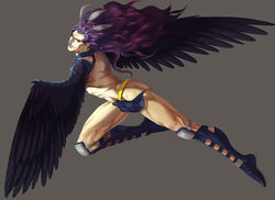  1boy battle_tendency boots commentary_request earrings evil_smile feathered_wings feathers full_body headband highres huang_dian jewelry jojo_no_kimyou_na_bouken kars_(jojo) knee_pads lipstick loincloth long_hair makeup male_focus muscular pelvic_curtain purple_footwear purple_hair purple_lips red_eyes smile solo wings 