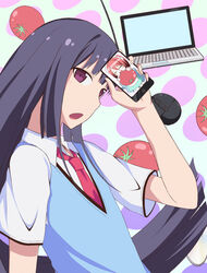  1boy akasaka_ryuunosuke androgynous blue_hair cd cellphone commentary_request computer computer_mouse kiukoma laptop long_hair maid-chan_(sakura-sou) male_focus mini_person minigirl necktie otoko_no_ko phone photoshop_(medium) purple_eyes sakura-sou_no_pet_na_kanojo school_uniform smartphone sweater_vest tomato 