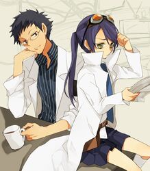  1boy adjusting_goggles black_hair blue_eyes coffee commentary_request cup female fushimi glasses goggles green_eyes hita_(hitapita) kyousougiga lab_coat long_hair necktie newspaper pinstripe_pattern ponytail professor_shouko purple_hair school_uniform serafuku skirt striped 