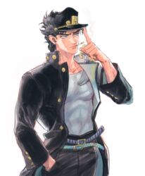  1boy adjusting_clothes adjusting_headwear bad_id bad_pixiv_id belt black_hair blue_eyes chains cigarette coat earrings gakuran hand_in_pocket hat high_collar highres jewelry jojo_no_kimyou_na_bouken kujo_jotaro macaroni_(piyo4508) male_focus multiple_belts open_clothes open_coat school_uniform short_hair simple_background smoking solo stardust_crusaders upper_body white_background 