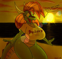  angela beach breasts dragon female huge_breasts scalie seaside solo sun_set yiffer 