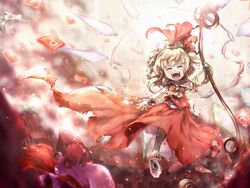  ascot barefoot beret blonde_hair blush closed_eyes commentary_request crescent fangs female flandre_scarlet gameplay_mechanics happy hat hat_ribbon hong_meiling izayoi_sakuya laevatein_(touhou) maid_headdress open_mouth patchouli_knowledge power-up power_item_(touhou) remilia_scarlet ribbon short_hair side_ponytail skirt smile solo star_(symbol) touhou unworn_hat unworn_headwear wings wrist_cuffs yoshike~to 