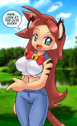  animal_humanoid big_breasts blue_eyes bottomwear breasts brown_hair caribbean_blue cat_humanoid clothed clothing domestic_cat ear_tuft felid felid_humanoid feline feline_humanoid felis female fur hair human humanoid inner_ear_fluff long_hair mammal mammal_humanoid nekonny orange_body orange_fur pantherine pants red_hair shirt solo stripes tiger tina_(caribbean_blue) topwear tuft yuki_(caribbean_blue) yukina 