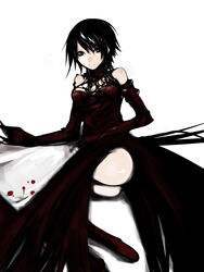  apron ass biomega black_eyes black_hair blood commentary_request dress elbow_gloves female frown gloves highres kae_(artist) kardal_spindal reclining short_hair solo white_background 