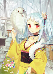  blue_hair breasts butterfly_hair_ornament choker cleavage collarbone commentary_request female floral_print hair_ornament japanese_clothes kimono long_hair looking_at_viewer medium_breasts midorikawa_you mini_torii multiple_torii new_year obi original photoshop_(medium) ponytail red_eyes sash smile snake solo stone_torii torii yellow_kimono 