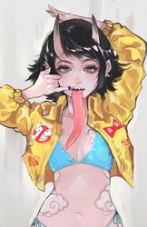  2017 5_fingers alpaca-carlesi asian_mythology bikini black_hair blazer breasts clothing coca-cola dc_comics dc_universe demon digital_media_(artwork) ear_piercing east_asian_mythology eyelashes female fingers freckles ghostbusters hair half-closed_eyes hand_behind_head horn humanoid jacket japanese_mythology lips long_tongue looking_at_viewer midriff monster_girl_(genre) mythology narrowed_eyes navel not_furry piercing pink_body pink_skin purple_eyes raised_arm sharp_teeth simple_background small_breasts solo superman_(series) swimwear tattoo teeth text text_on_clothing text_on_jacket text_on_topwear tongue tongue_out topwear watchmen white_background yokai 