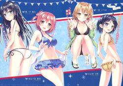  4girls :d absurdres adjusting_clothes adjusting_swimsuit ahoge ass bikini bikini_skirt black_bikini black_hair blue_bikini blue_eyes blush breasts brown_eyes brown_hair cleavage collarbone double_v frilled_bikini frills from_behind front-tie_top hair_bun hair_ornament hair_ribbon hairclip high_heels highres hikigaya_komachi i_lohas isshiki_iroha jacket leaning_forward long_hair looking_back multiple_girls navel oerba_yun_fang off_shoulder open_mouth pink_hair pointing pointing_up product_placement purple_eyes ribbon sandals short_hair side-tie_bikini_bottom single_hair_bun small_breasts smile sousouman squatting string_bikini swimsuit v white_bikini yahari_ore_no_seishun_lovecome_wa_machigatteiru. yellow_bikini yuigahama_yui yukinoshita_yukino 